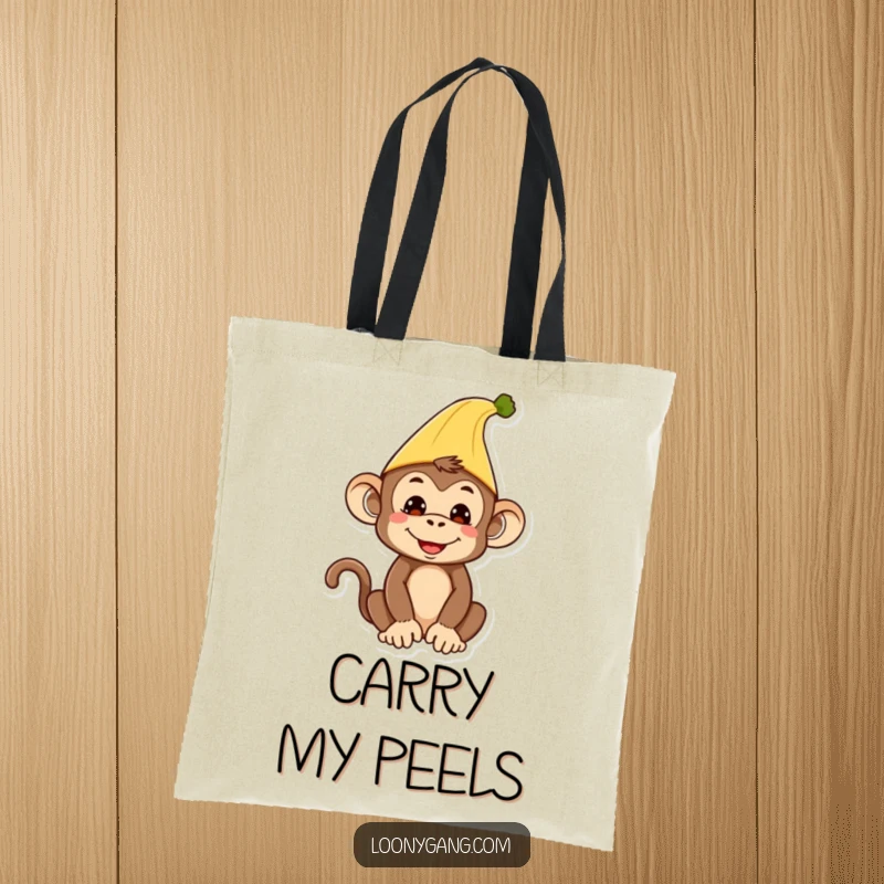 Funny Monkey Tote Bag: Adorable silly monkey wearing a banana peel as a hat, perfect for shopping.