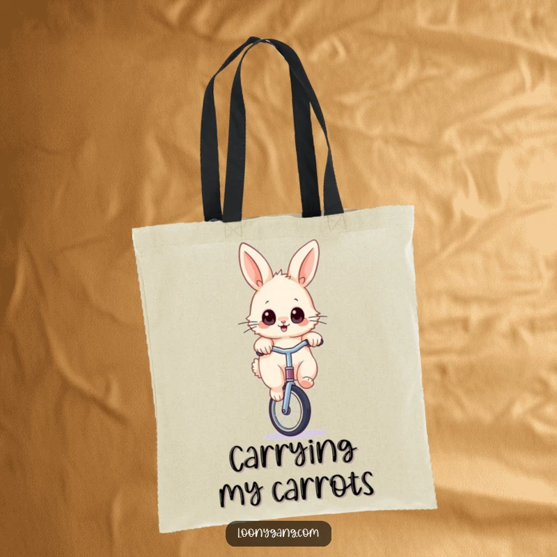 Funny rabbit unicycle tote bag showing a fluffy bunny with wide eyes, balancing on a unicycle, perfect for everyday use.