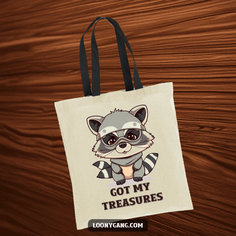 Funny raccoon tote bag featuring a giggling raccoon in a bandit mask, ideal for carrying daily items.