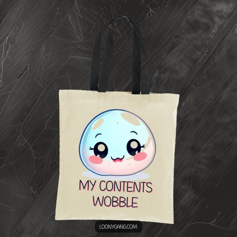 Funny wobbly jelly blob tote bag, a big-eyed, jiggly character wobbling uncontrollably, perfect for carrying your daily items.