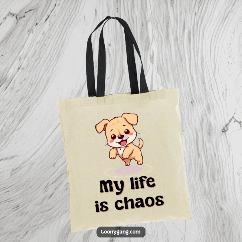 Funny puppy tote bag designed with a clumsy dog spinning in a dizzy circle chasing its tail, great for shopping and carrying humor. Perfect for eco-conscious and funny gift seekers.