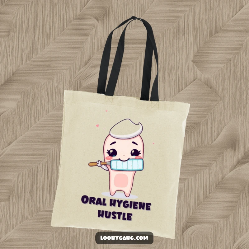 Funny animated toothbrush with a wide, silly smile brushing air, printed on a durable and humorous tote bag.