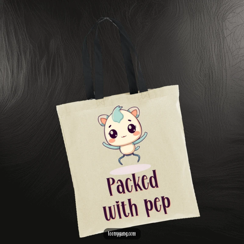 Funny Tote Bag showcasing a creature with springy legs, hilariously bouncing with enthusiasm, perfect for carrying your daily fun.