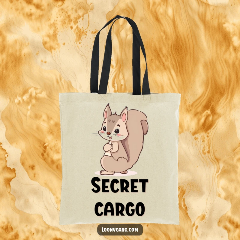 Funny squirrel tote bag, a mischievous squirrel hiding a giant acorn behind its back, ready for your daily essentials.